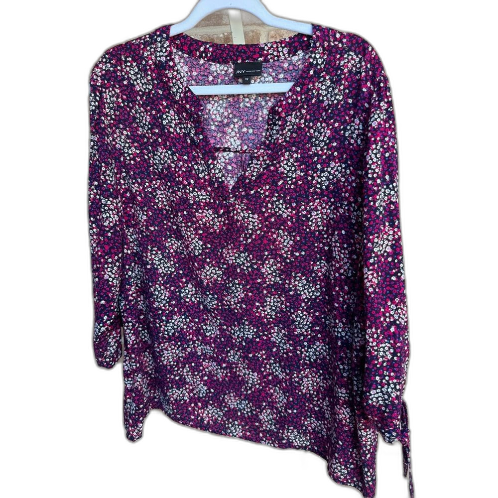 JNY Jones New York Floral Print 3/4 Sleeve Blouse Pink Navy Top, Size 1X